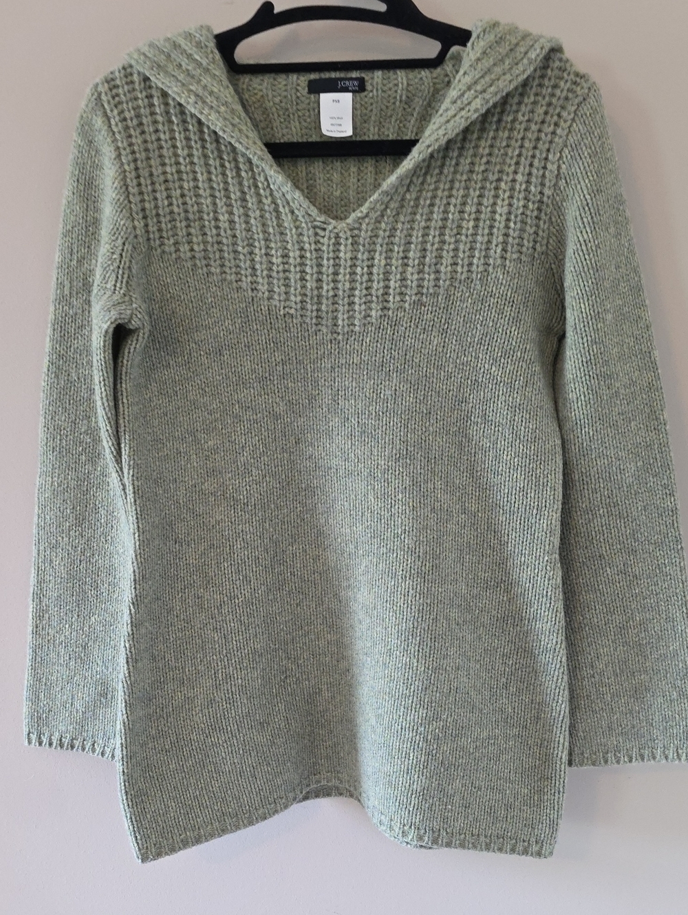 J. Crew Light Sage V-Neck Hooded Knit Sweater